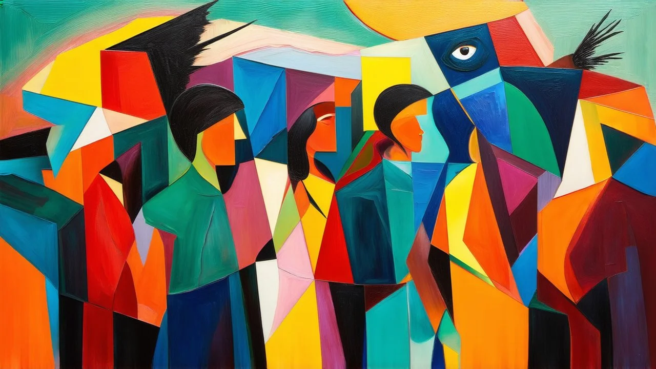 Journey Within the Mind, a painting of a group of people in different colors, a cubist painting, abstract expressionism, a surrealistic bird, eye, minimalism