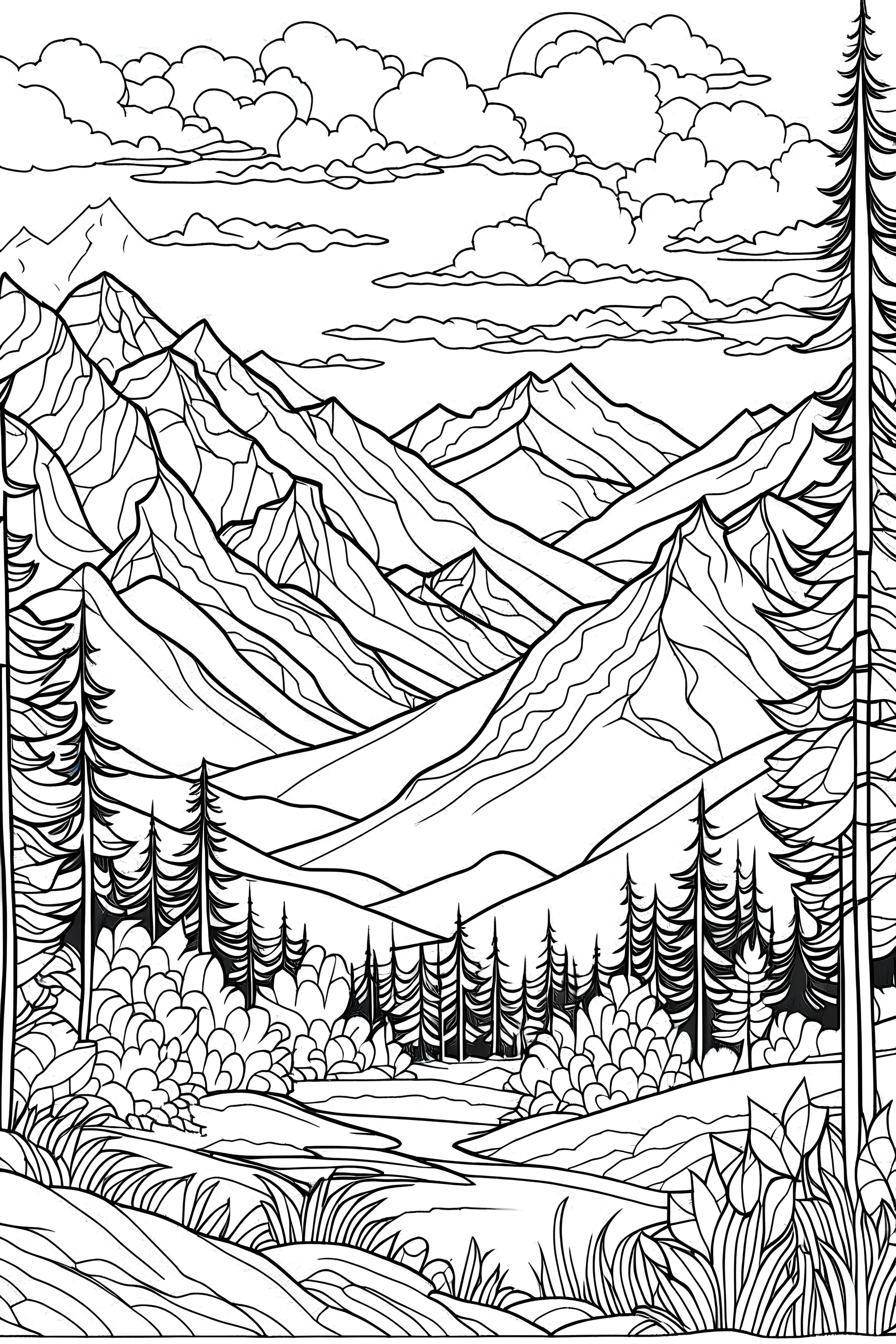 coloring book image of mountains