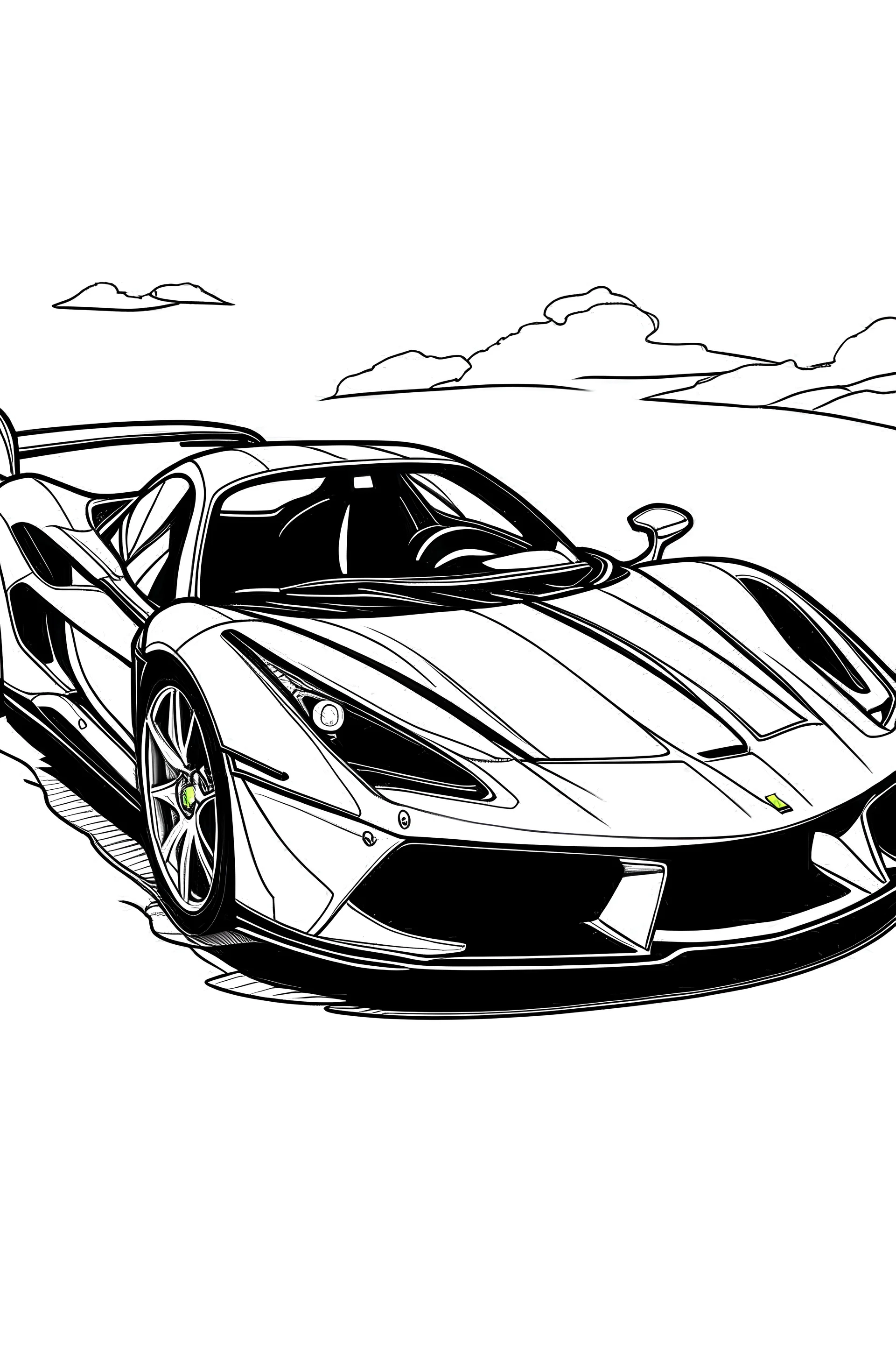 Coloring page, black strong atroke, white background, ferrari car with ooen roof