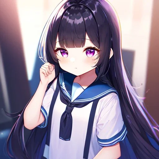 Clear Focus, High resolution, loli girl wearing a sailor school unform, black long fluffy hair, purple eyes,