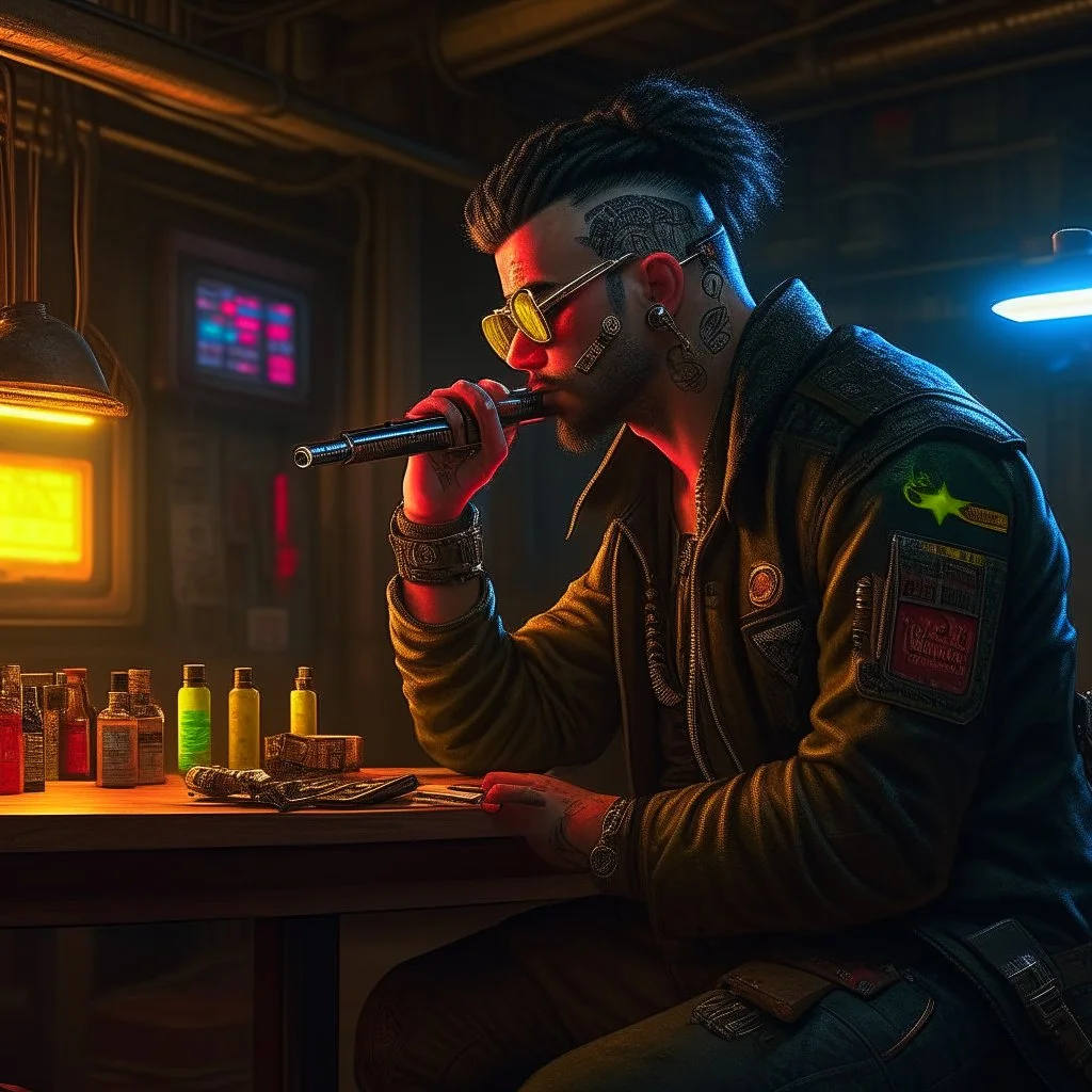 Cyberpunk gunsmith with a cigar