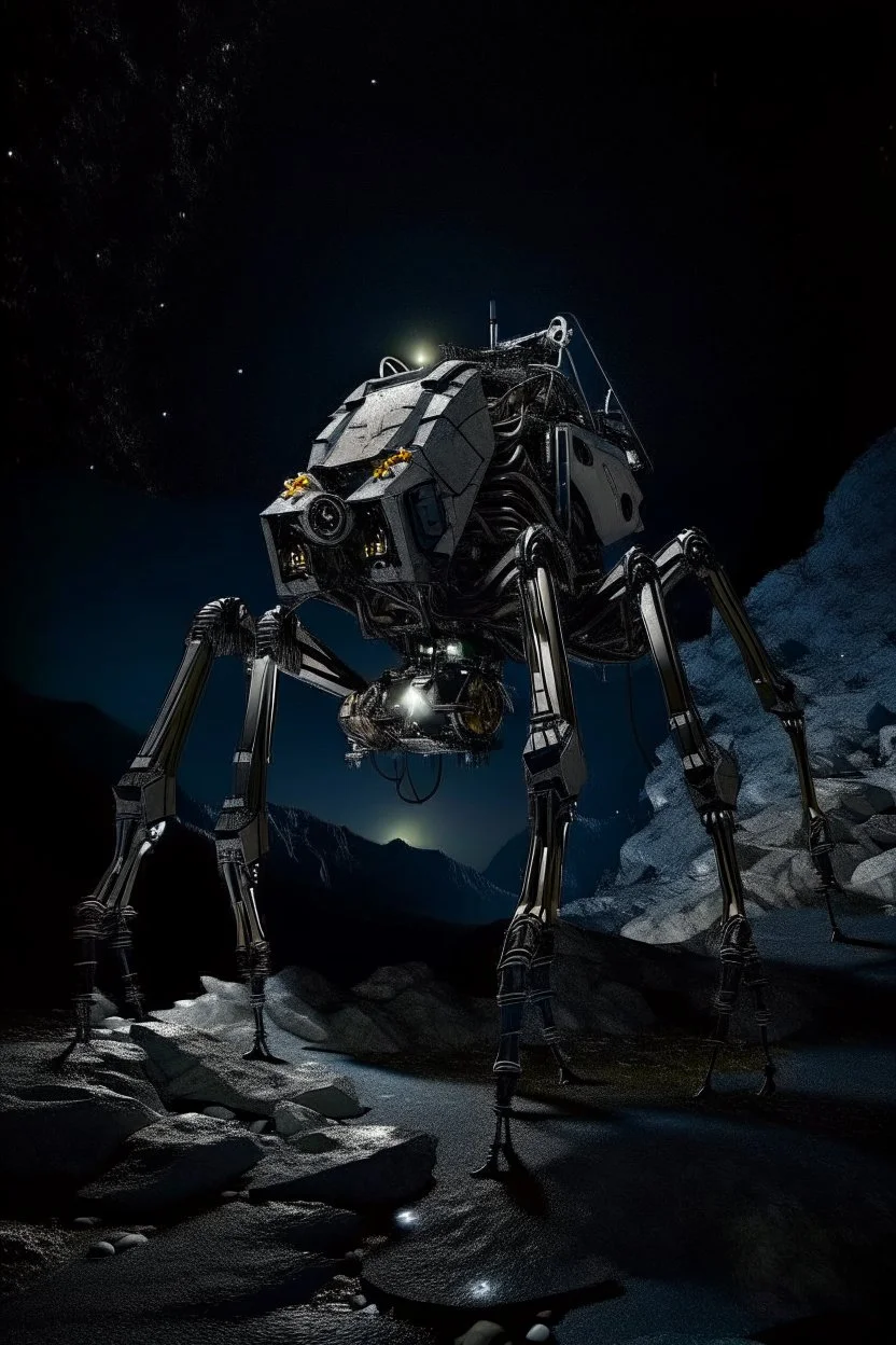 eight legged mechanical walker scaling a very steep rocky side of mout everest at night, it has a smooth surface, it has storage pods on its belly human can fit in the pods