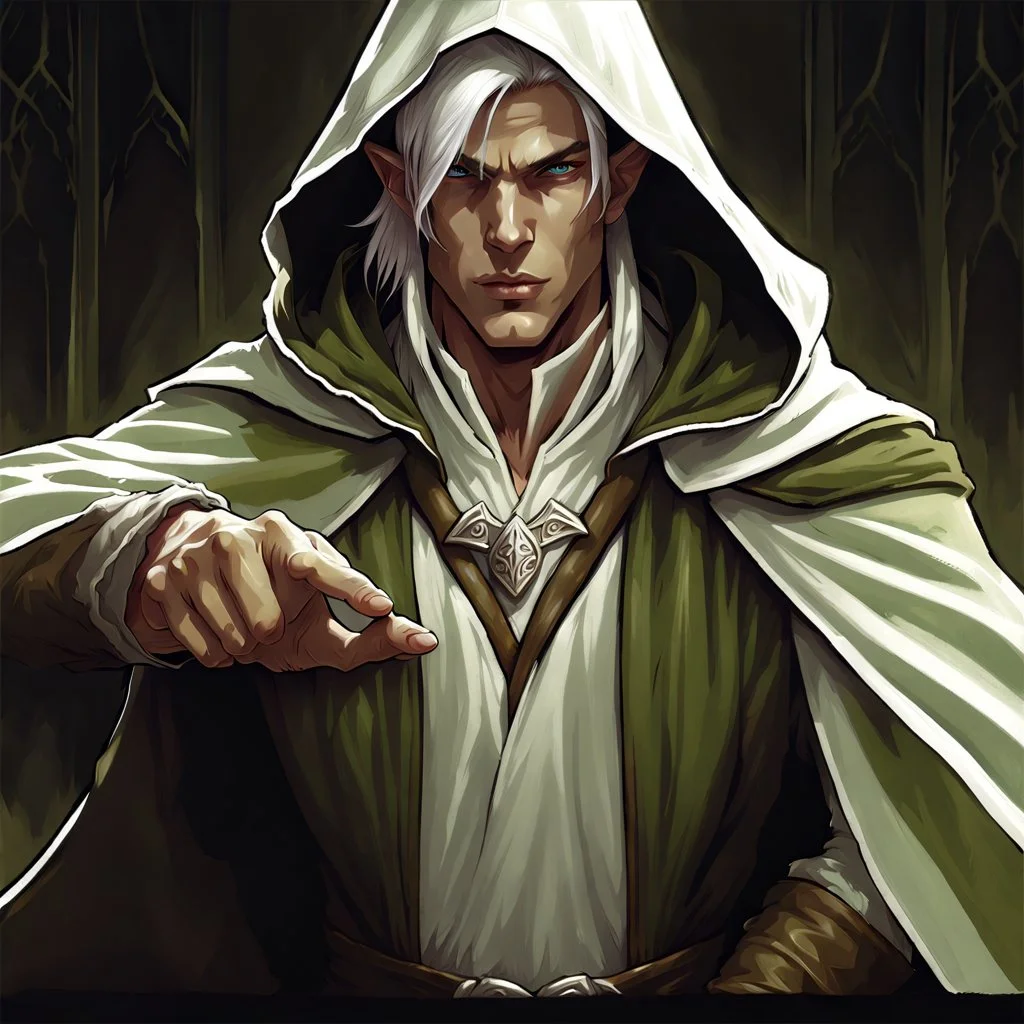 male hooded light sage elf white clothes male 90's tcg art fantasy