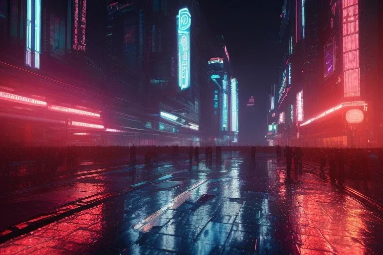 3D, beautiful, light reflecting, empty future city at night, rainy night, neon, cyberpunk, tron, robot walking, 8k, finely detailed, photo realistic