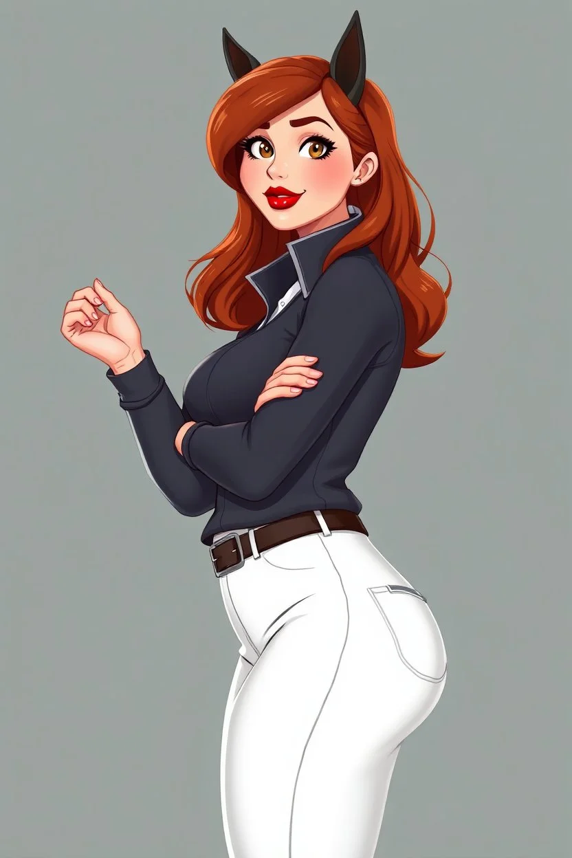In a realistic, non-anime, cartoon style like: body shot of 40-year old chubby redhead with thick red lips and smoky eyes with long lashes who looks a lot like Jewel DeNyle. She is wearing equestrian attire with tight white pants.
