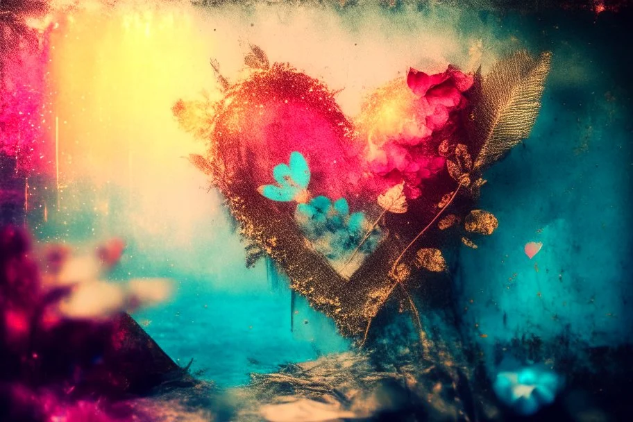 Double exposure, merged layers, turquoise, red and pink made with concrete and driftwood and rare pearl and low voltage filament lit, golden patina, in sunshine, corrosion, heart and love, angora fur, burlap, waterfall, flowers, in sunshine, ethereal, cinematic postprocessing, bokeh, dof