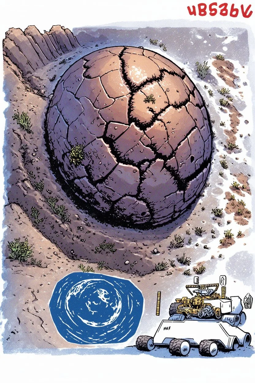 High-altitude lunar reconnaissance satellite image of a young impact crater with larger regolith along right ride. A damaged metallic alien sphere with fracture lines like an egg. organic growth across regolith and up crater walls. Along the lower frame edge a small modern bare-bones lunar-vehicle sits near the rim with visible wheel tracks. comic page pencils