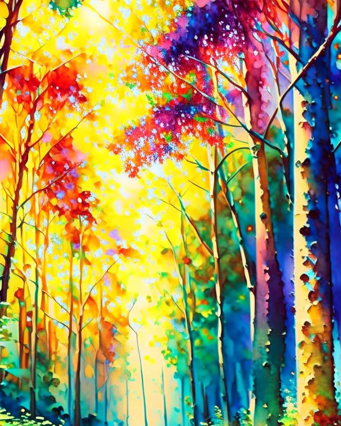 Bosque con árboles grandes y frondosos, calidad ultra, hiperdetallado,12K, pintura arte acuarela impresionista maximalista, explosión de colores, increíble obra de arte