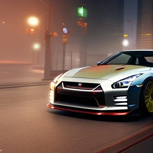 Nissan GT-R, red, orange, yellow, green, blue, purple, masterpiece, expert, 8K, hyperrealism, sharp focus, cinematic lighting, cyberpunk, cityscape