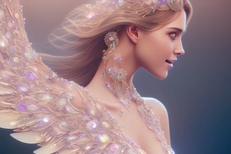 beautiful fairy very etheric, smiling, magic glamour make up, delicate colors, transparent wings, beautiful glamour transparent dress, ultra sharp focus, 8k, unreal engine 5, extremely sharp detail, light effect, soft light atmosphere, smooth, full of details