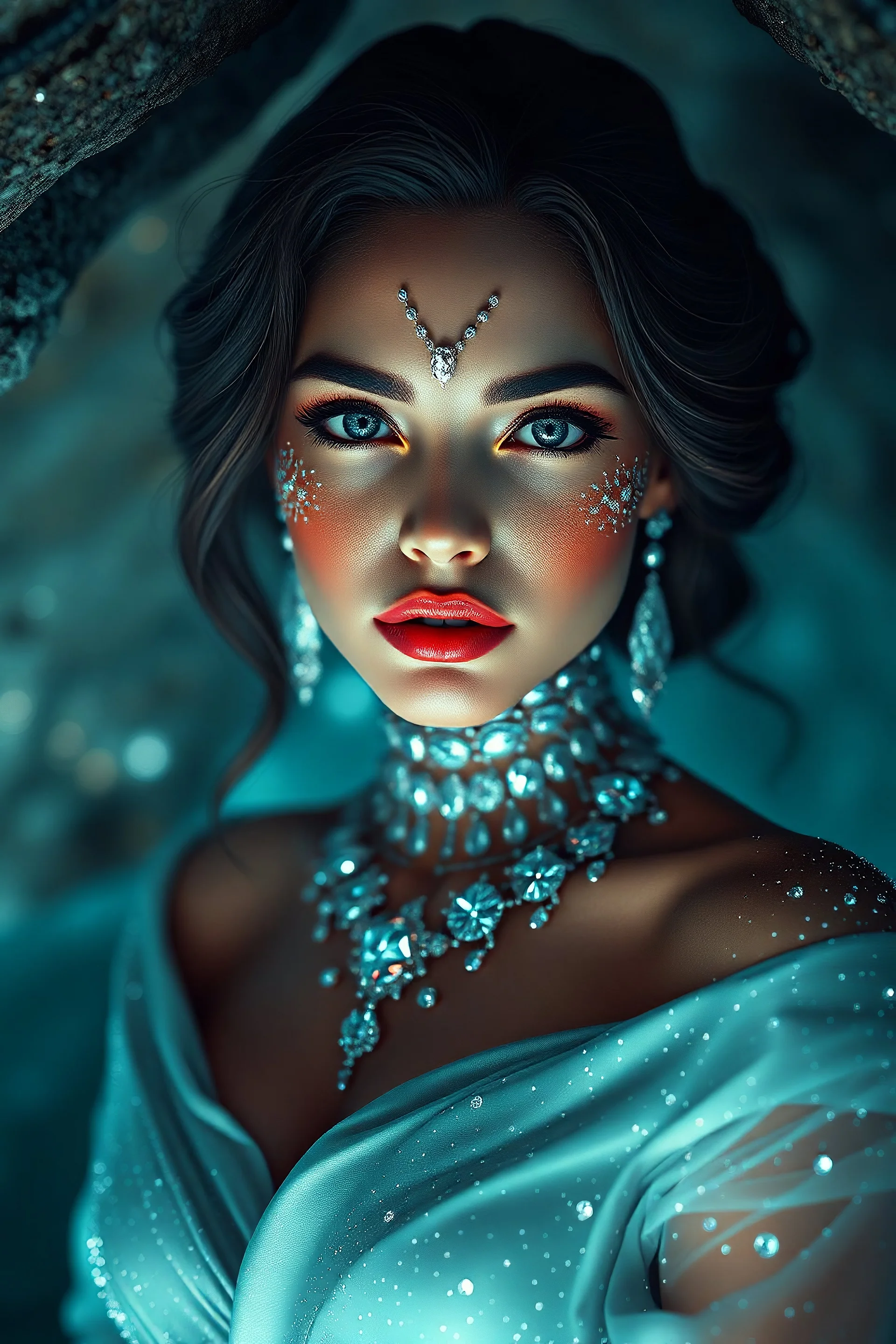 Gorgeous woman created from diamond, silk, diamonds, gems, sparkling dots, in crystal cave background, style Darek Zabrocki, magic realism, gradient colors, cinematic lighting, bokeh, Ultra-detailed Quality 3D, 3d render octane, Unreal engine 5 effects, VFX, Isometric, Made in blender, 8k sharp focus, cinematic, ultrahd, highly detailed, ultra photorealism fantasy