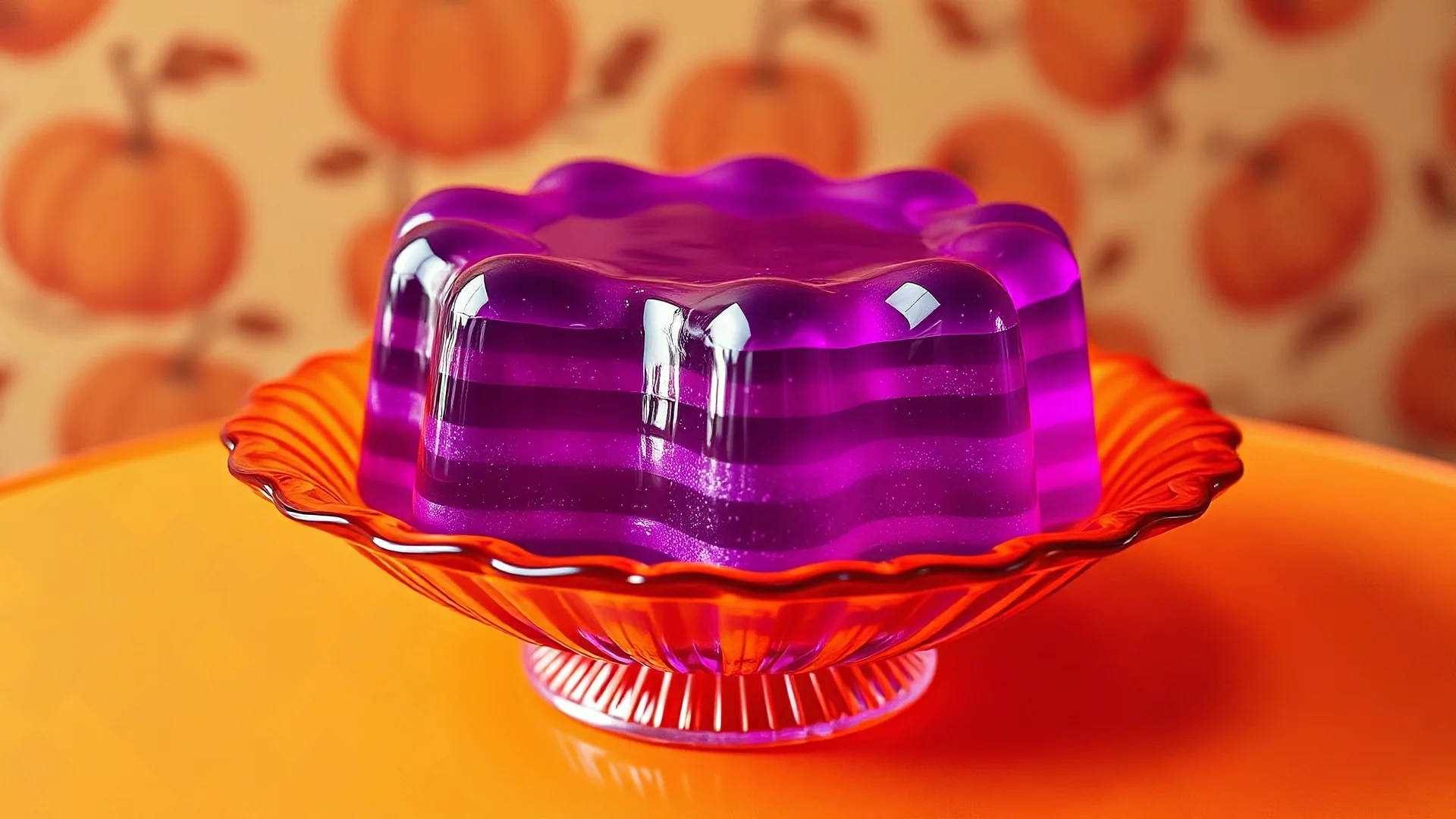 1950's photo-realistic kitschy layered gelatin in an orange crystal dish sitting on a retro table. the background is faded kitschy pumpkin wallpaper. the gelatin is see-through deep purple. the table has no pattern on it. this gelatin is molded extravagantly. there is glitter inside of the gelatin