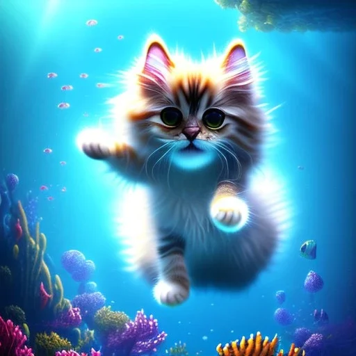 Cute fluffy kitty diving underwater in an ocean, gorgeous light shafts, beautiful, colorful, happy