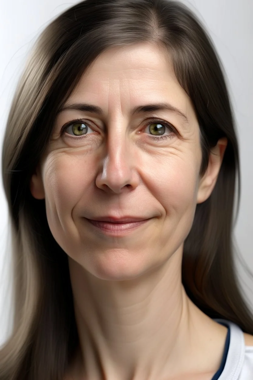 realistic, (49yr old female)without makeup, Caucasian beautiful face, dark hair, wearing a tight white shirt, studio lighting, cinematic light, beautiful woman, milk beige middle hair, perfect anatomy, no smile, (head frame), on white background, 8k Resolution, human hands, curiously complete, elegant, close to perfection, dynamic, highly detailed, character sheet, concept art, smooth, non-symmetrical body a, detailed hairstyles and skin texture