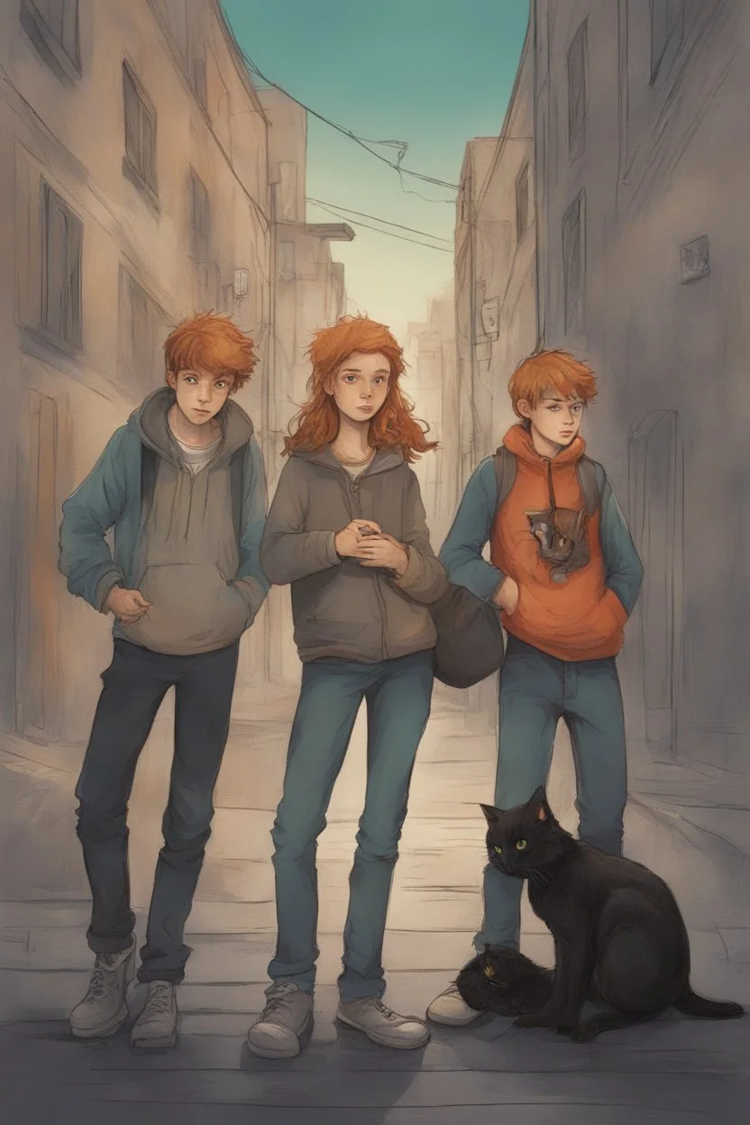 Act like a book cover designer. Use graffiti style. Three teenagers (13-15 years old) - two boys brothers with ginger hair and frickles with a brown-haired girl and with a grimy black cat. Environment: old town.