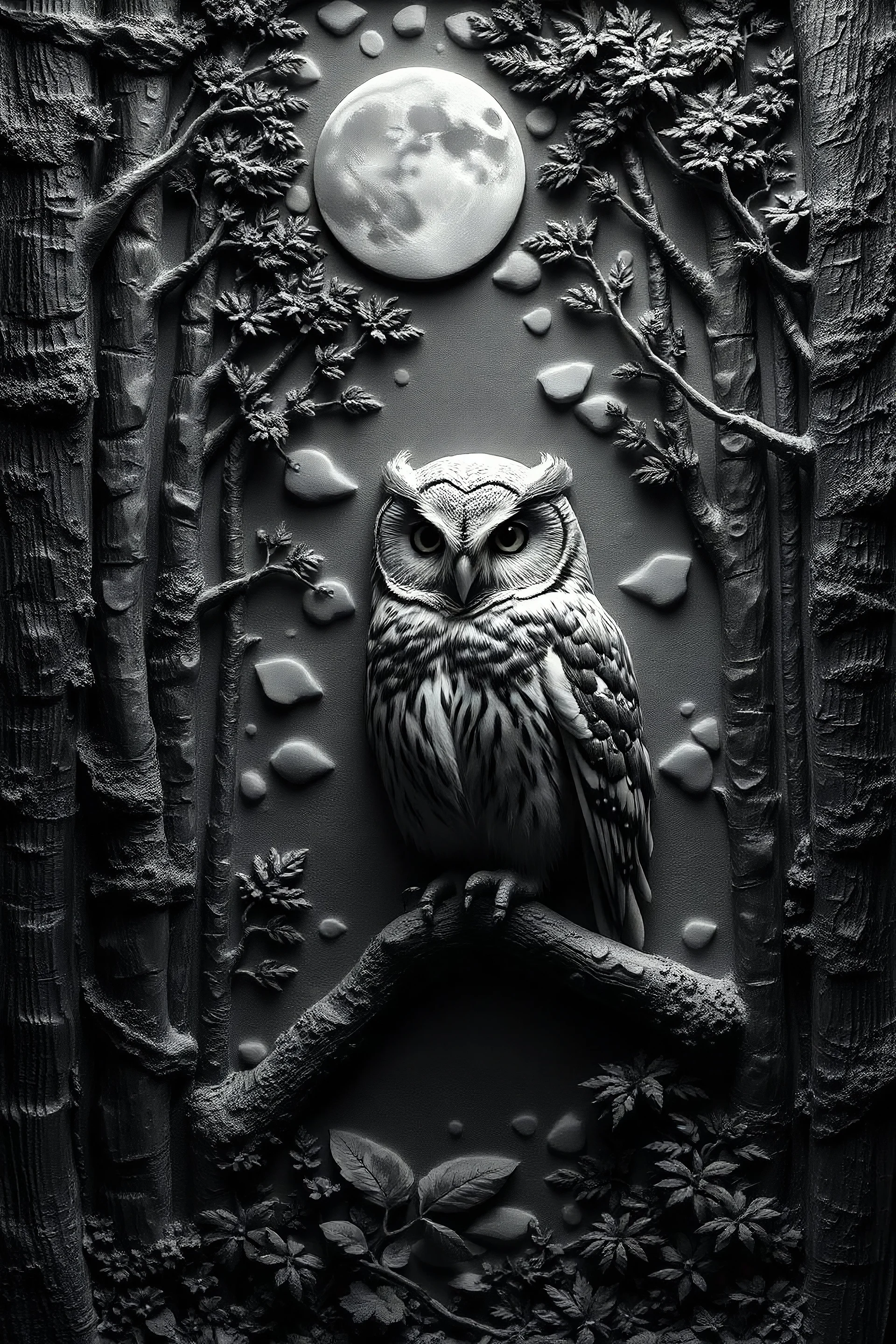 depth map style for bas-relief, a wonderful barn owl in a deep forest, a grayscale representation of the 3D data in a scene, global illumination, black and white