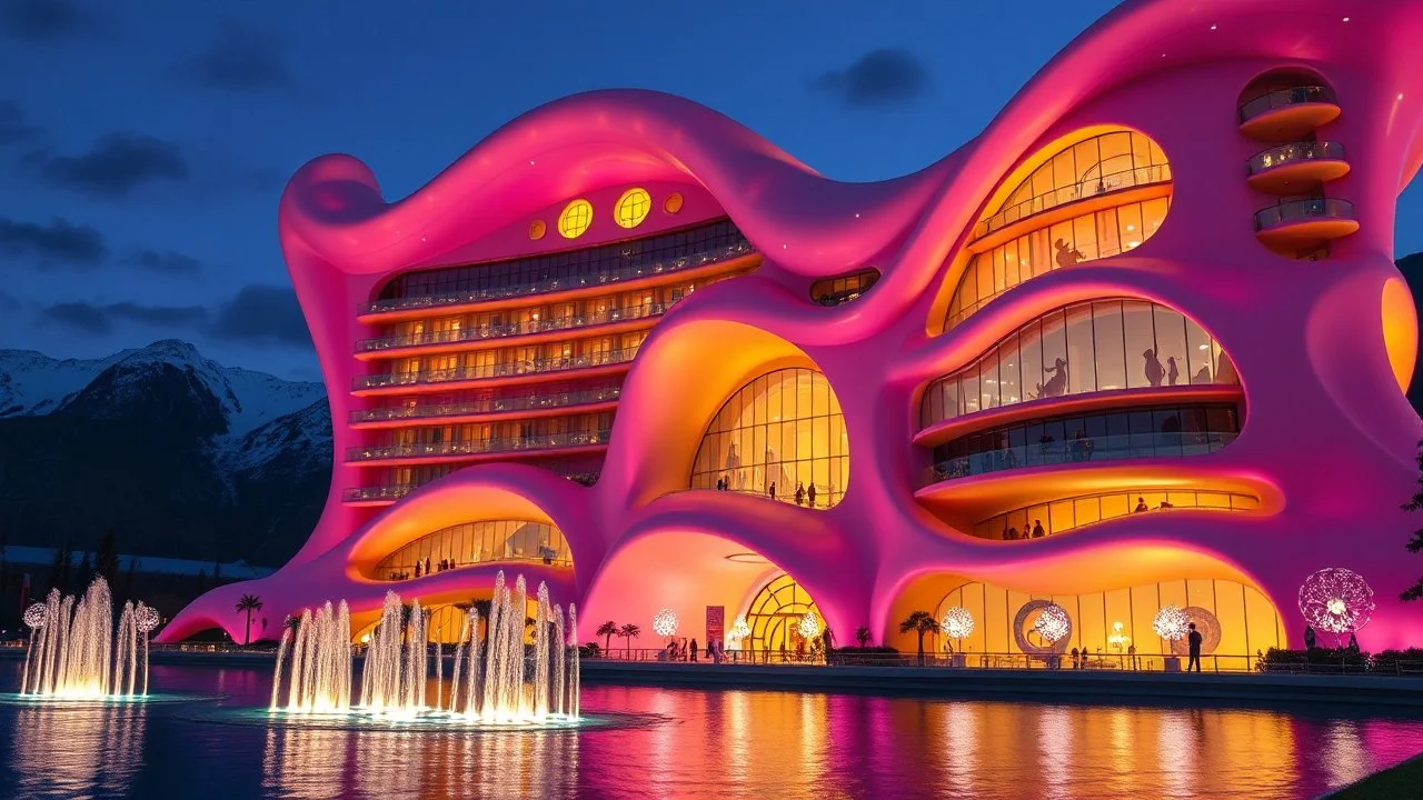 Enormous comical organic futuristic fantasy building at night, inspired by the fluidity of ocean waves: undulating, curved pink and yellow walls made of shimmering, innovative semi-transparent opalescent materials. The happy building has large, curved, intriguing rounded windows, iridescent curved balconies with big Disney sculptures. The building is surrounded by water and fountains. Snow-capped mountains on the horizon. Award-winning photograph, beautiful composition, joyful vibe, wonderful