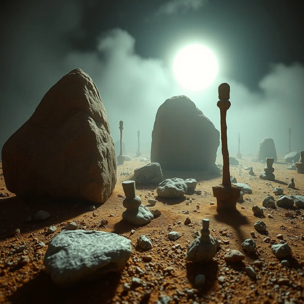 A striking quality close-up Kodak photograph captures a wasteland with odd stones, odd spindle-shaped objects, spooky, creepy, details of the dust very accentuated, glossy, organic, adorned with minerals and rocks, fog. Bathed in feeble light, eerie, Max Ernst style, black sun, fog, volumetric light, ZBrush