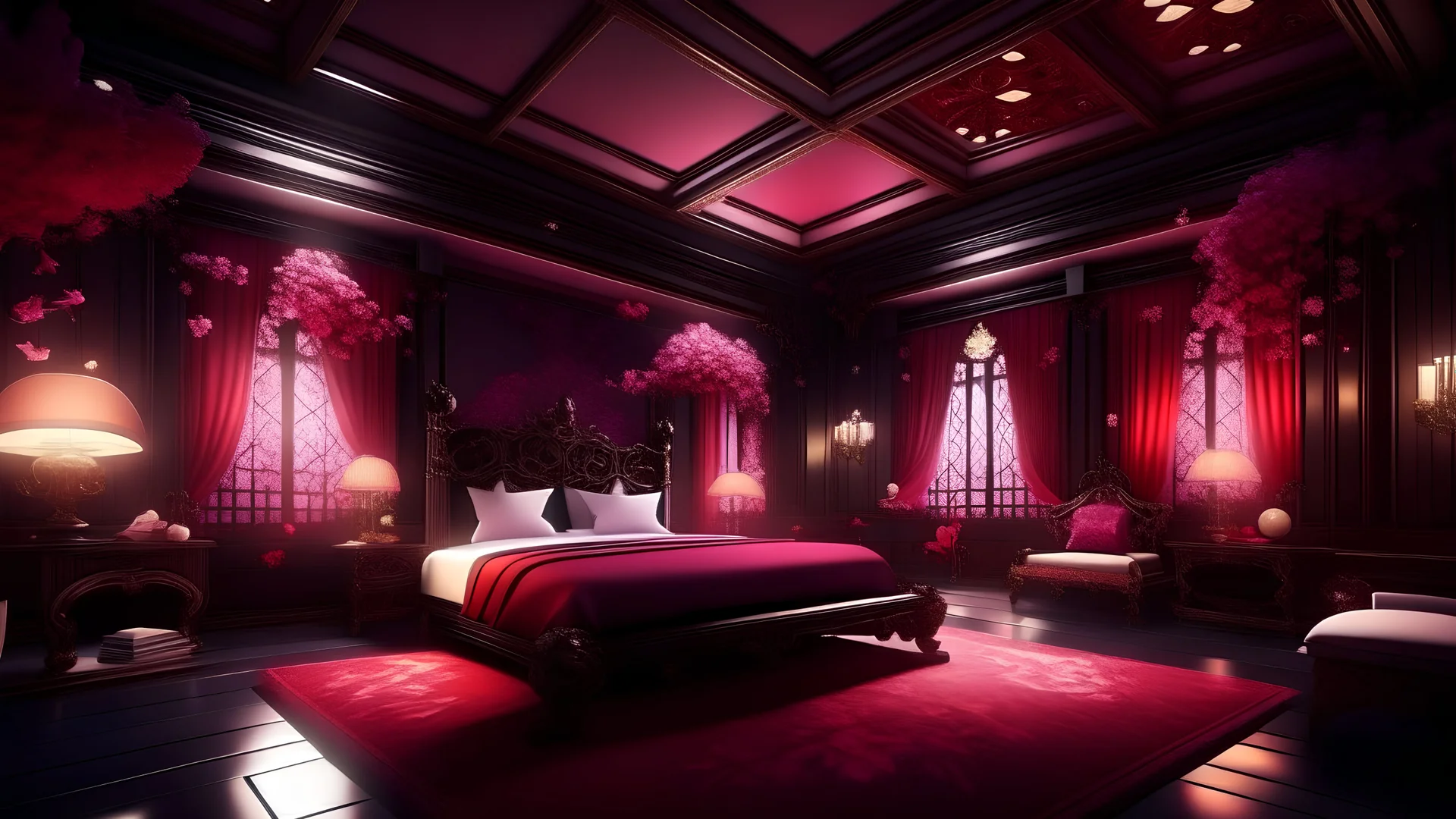 extreme wide luxury bedroom, very huge bed, Detailed. Rendered in Unity. chinese elements. Black, gold, purple and red lighting. Holograms. add a sakura tree into the room. wuxia style, red curtain, many gun, cheery blossom, fantasy, gold cloud pattern, onsen in house, tech hologram, gold dragon statues, transparent fabric, purple dark bedroom