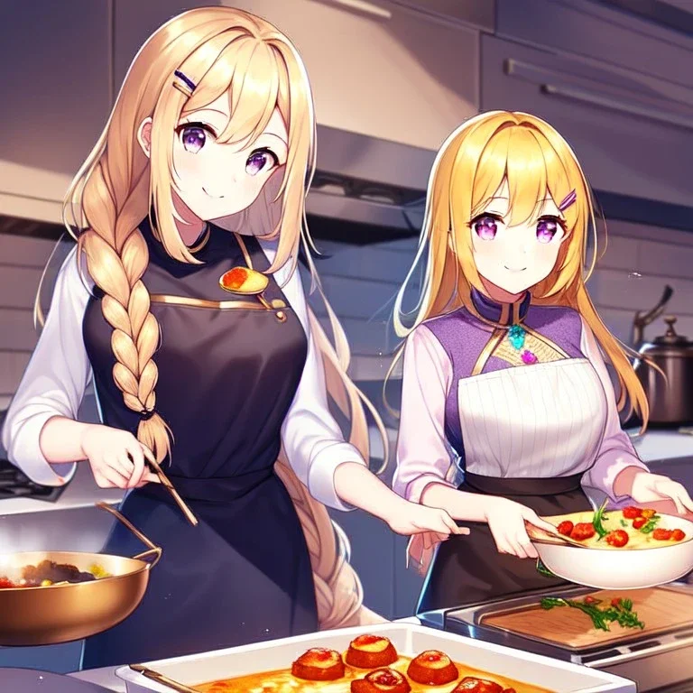 girl, masterpiece, best quality, volumetric lighting, detailed outfit, perfect eyes, golden hair, long hair, purple eyes, braided ponytail, smile, cooking, food, hairclip,