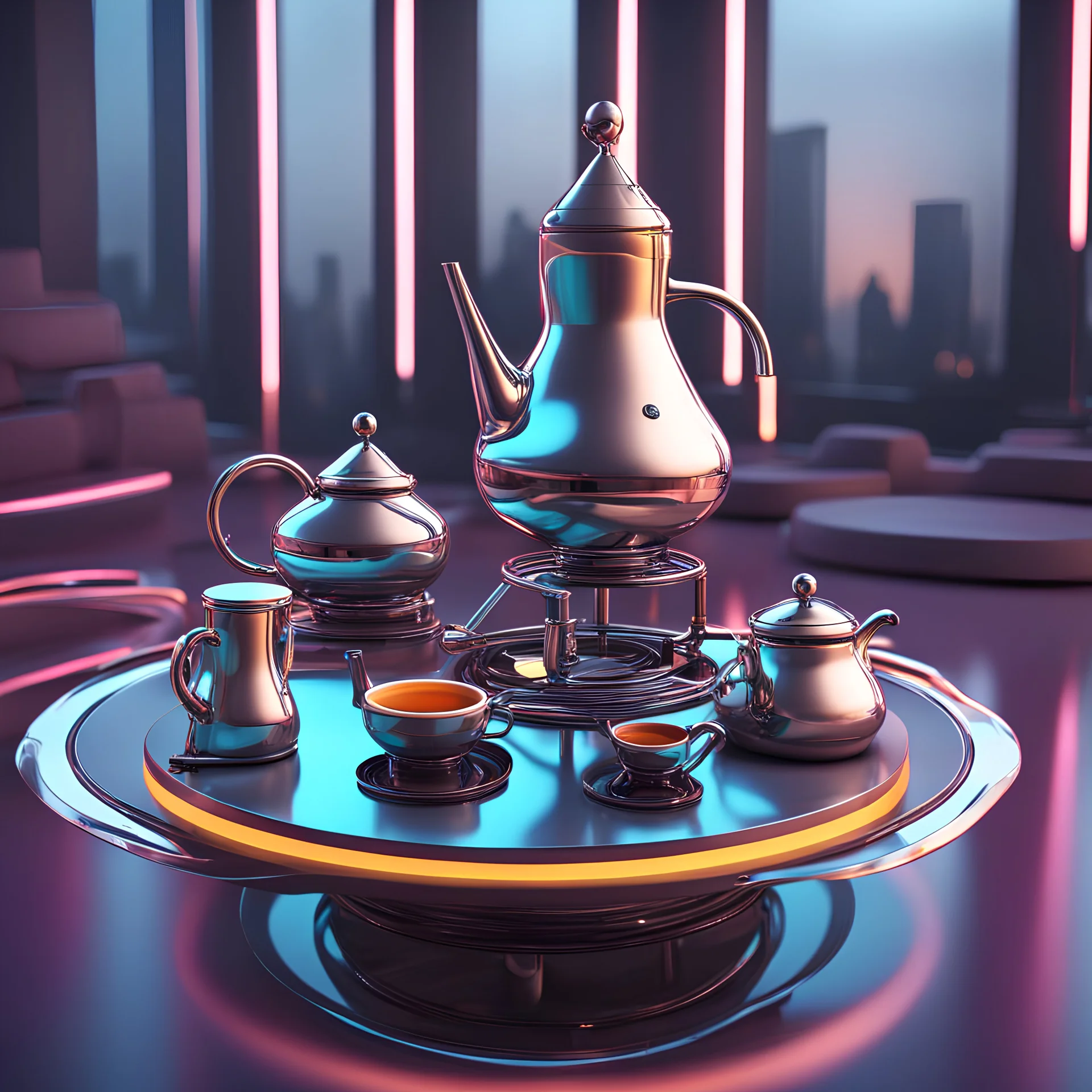 Futuristic concept art of a teapot with tea stands next to a hookah, with smooth metal surfaces,this product is ideal for a modern sci-fi environment,Ian Davenport style (3D rendering, high detail, bright colors, trending on Behance)