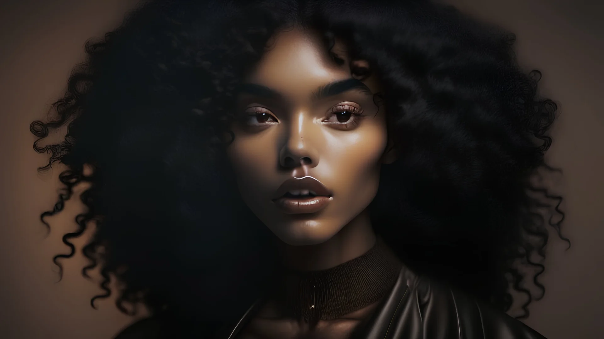 a photo of a beautiful blck woman with black curly hair, dreamy, nostalgic, fashion editorial, studio photography, magazine photography, earth tones, 9:16