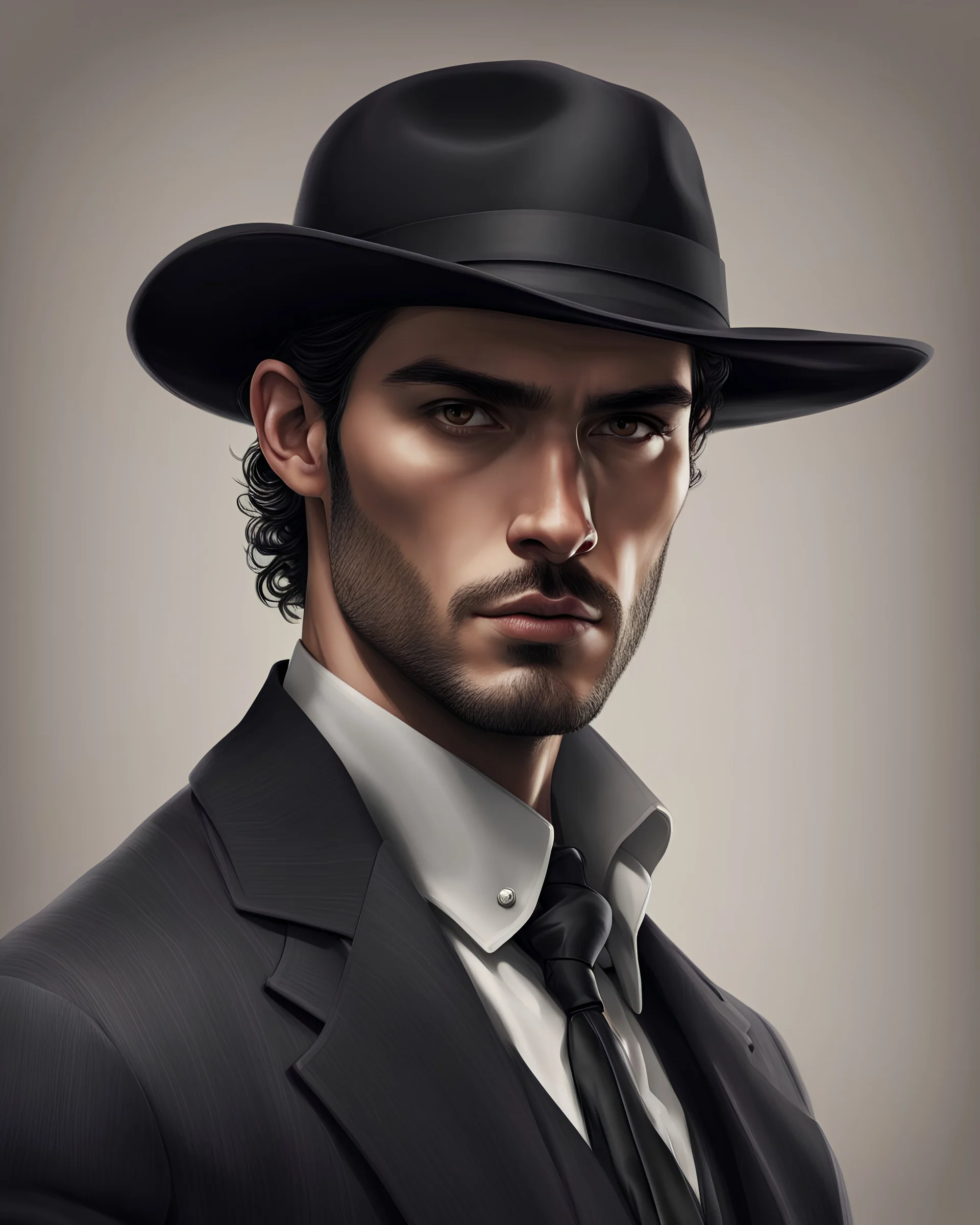 Man He wears Italian gangster clothes He is tall, , has a beautiful face, has brown eyes, and wears a black hat