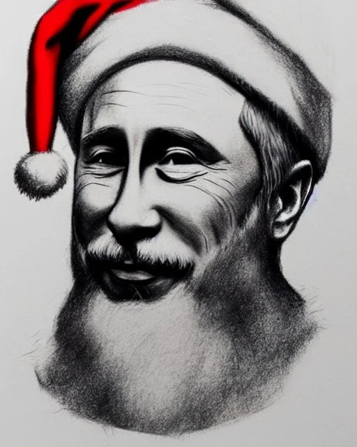 Putin as Santa Claus pencil and charcoal sketch Christmas portrait black background