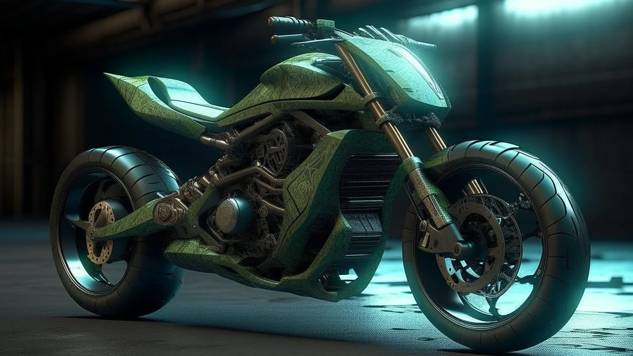 Design an alien-ridden motorcycle with eco-friendly capabilities and a modular aesthetic.