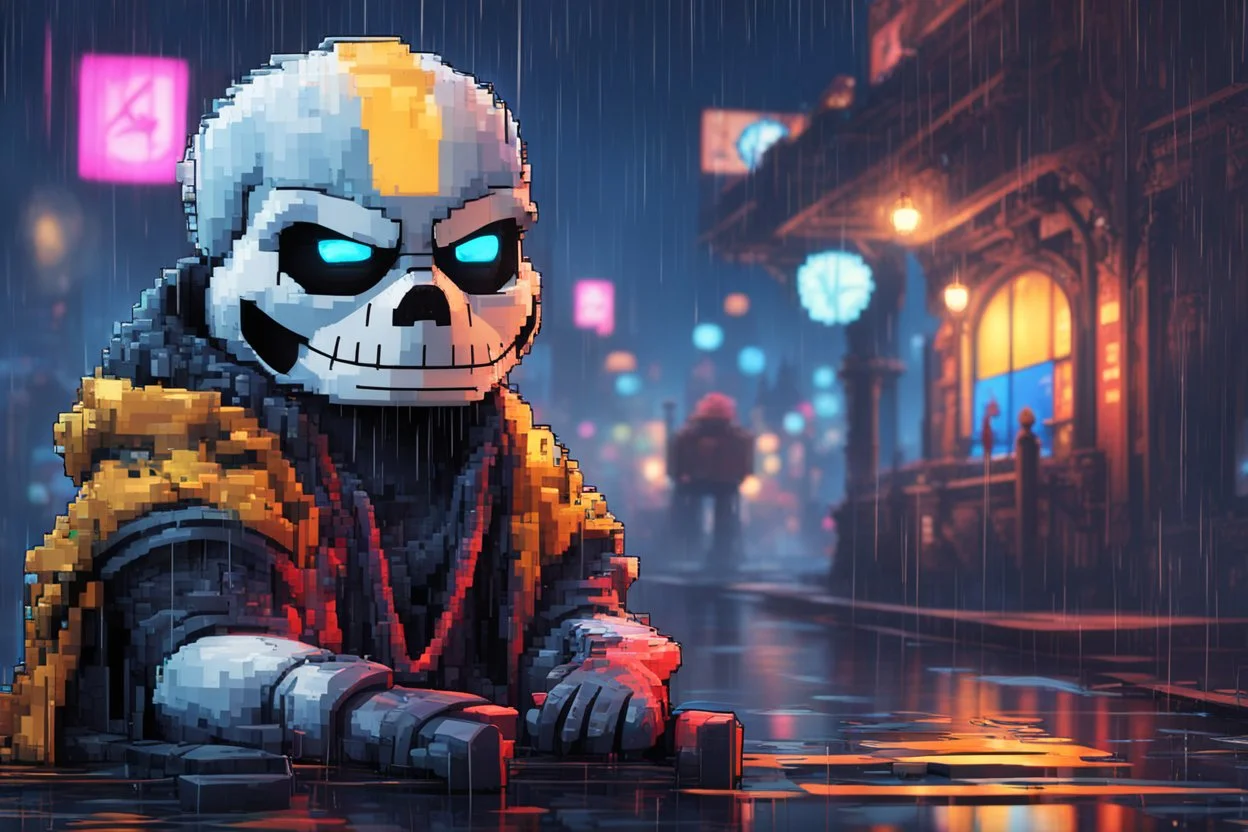 Sans in 8k cartoon artstyle, pixel them, neon effect, close picture, rain, fantasy world, intricate details, highly detailed, high details, detailed portrait, masterpiece,ultra detailed, ultra quality