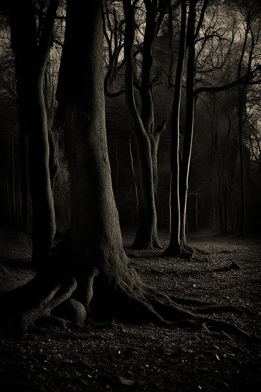 Night, trees, rocks, creepy, gothic horror films influence, photography