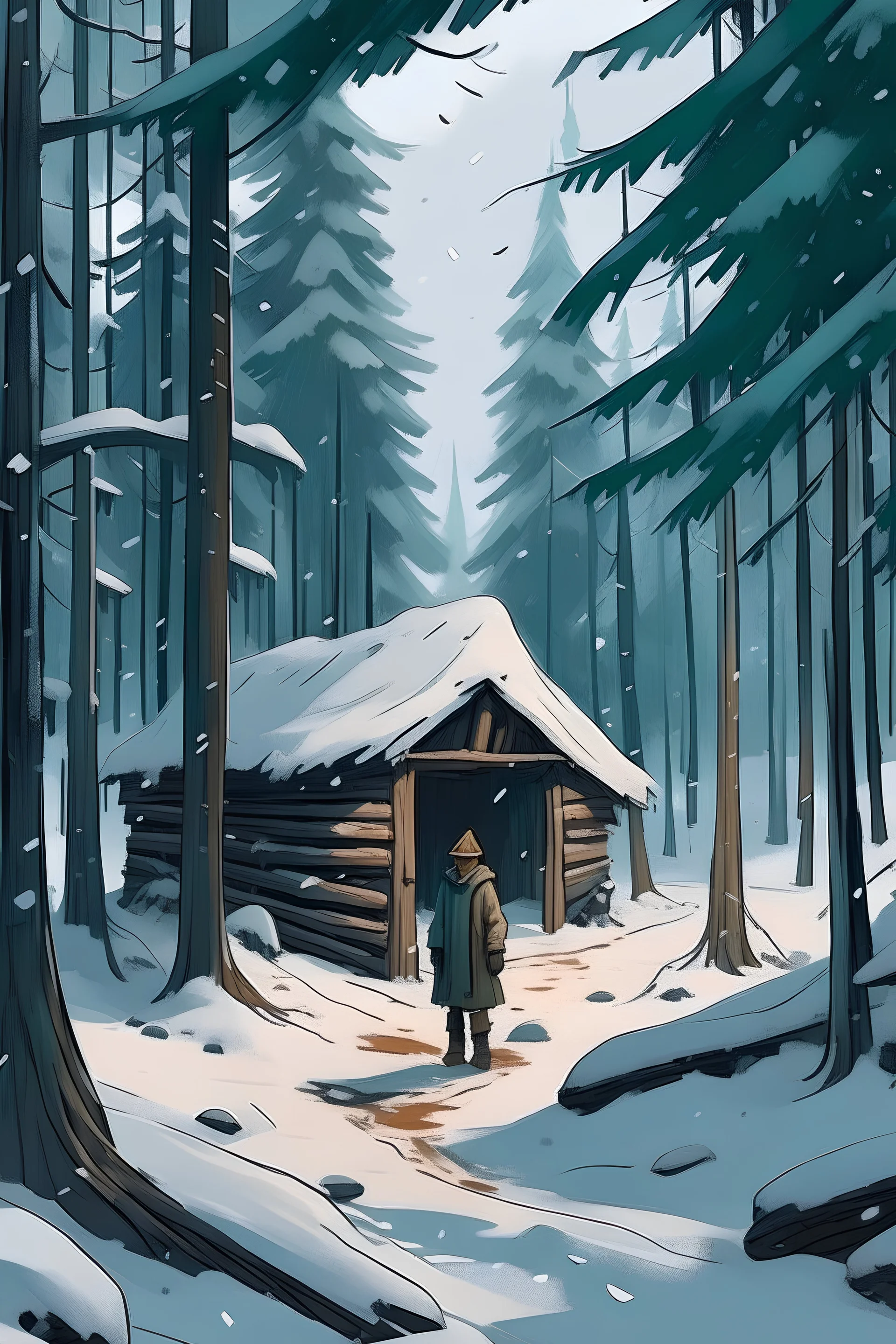 He went into a forest where snow fell, in front of a hut