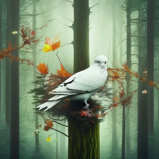  top of mega high tree, portrait of a poet song as a white pigeon, autumn forest background, spray paint, notes from sweet melodies as leaves in the air