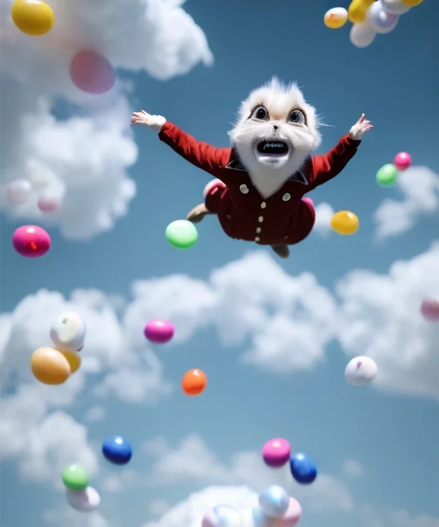 Ultra realistic speed clouds sky scene, wide angle view, child falling down with many Children background, inflatable monsters, circus dress style, feather color, free jumping flying, many trinkets, hair monster, many jelly beans, balls, color smoke, smile, happy, extreme, wind, clouds sea, 20,000 feet altitude, stratosphere, soft color, highly detailed, unreal engine 5, ray tracing, RTX, lumen lighting, ultra detail, volumetric lighting, 3d, finely drawn, high definition.