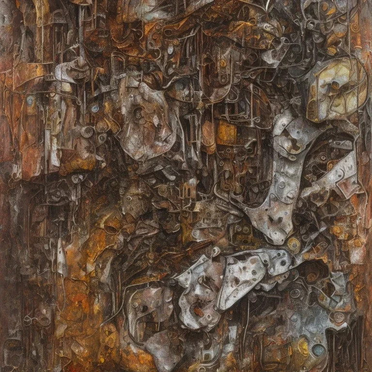 an abstract painting of rusted metal and flowers, by anselm kiefer and lucian freud, rust, scaffolding, iron cladding, decay, mixed media, textured, anatomically correct, beautiful perfect face, sharp focus, highly detailed