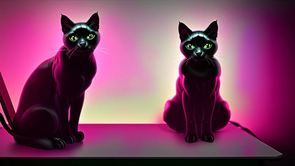 Cute black cat sitting on a gaming chair, in front of a gaming PC table, in a dark room with purple lights and gaming posters, atmospheric, gorgeous, realistic