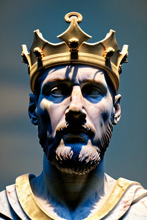 Ultra Realistic image, Roman sculpture, white marble material, Lionel Messi, gold laurel leaves crown, god crown, gold veins, gold ornaments, Renaissance style, sun rays background, waist up portrait, epic, celestial, cinematic lighting, God lights, 4k resolution, smooth details, soft lighting, unreal engine 5, art station, substance 3d.