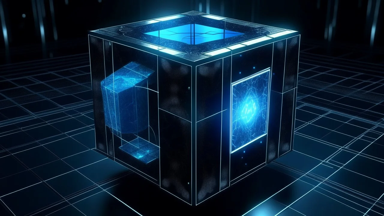 Cube tesseract from movie Loki. Located strictly in the middle of picture with space around it and with navy blue glow inside tesseract. Will be used for 404 error page.