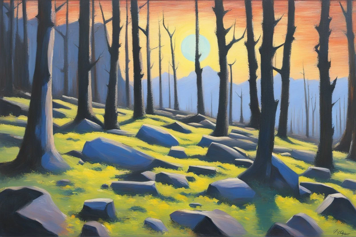 Trees, rocks, 2000's sci-fi films influence, otto pippel impressionism painting