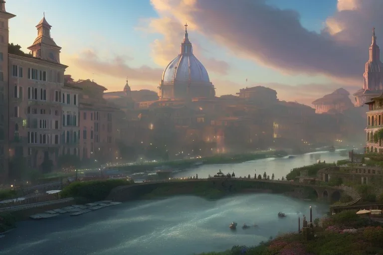 Tevere+river+Bar on garden rooftops +Rome mixed new york +Skyscraper +steampunk+biopunk+alphonse mucha, greg rutkowski,matte painting, cryengine, hyper detailed, felix kelly, fantasy art, seb mckinnon