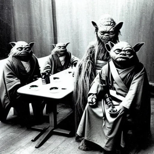 Creepy old photo of star wars Yoda and ewok type people sitting at dinner with scared children