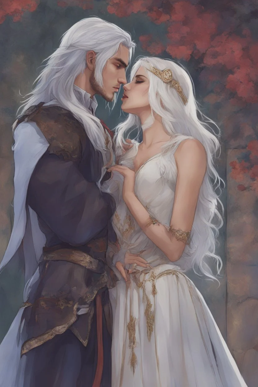 A couple from the dnd game curse of Strahd kissing. She has white hair he has long black hair. Romantic, sweet, loving, possessive, protective, kiss