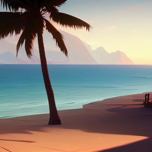 "Generate an image of a serene beach at sunset with palm trees swaying in the breeze. The water should have a gentle, reflective quality, and the sky should be painted in warm hues of orange and pink."