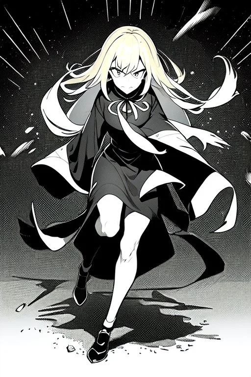 angry blonde girl, pose, full body, greyscale