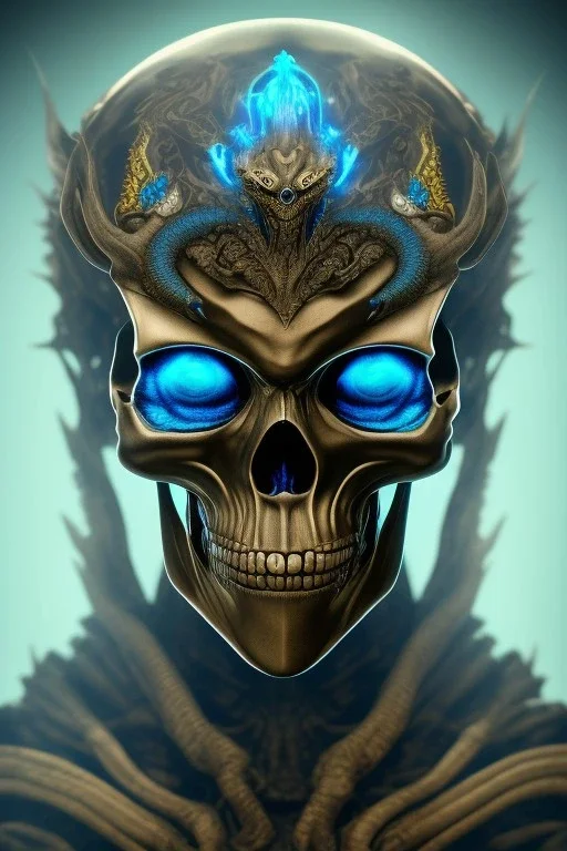 blue alien, head, evil, black eyes, weapons, blood, 8k, finely detailed, photo realistic, HR Giger style turquoise skull head gold dragon Mexican alien moon skeleton sombrero hat Black background