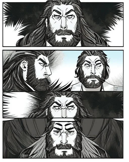 Mesopotamian warrior, expression serious, aura, portrait, background Mesopotamian city, comic style, long beard,