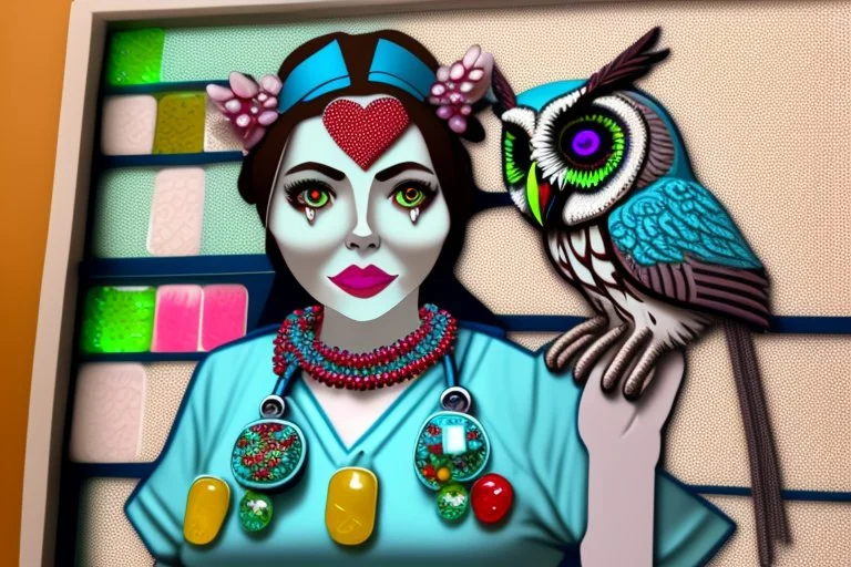 Owl nurse in nurse costume made of tyffany glass and gemstones spreading pills, she is wearing necklaces made of medicines in a hospital room in sunshine