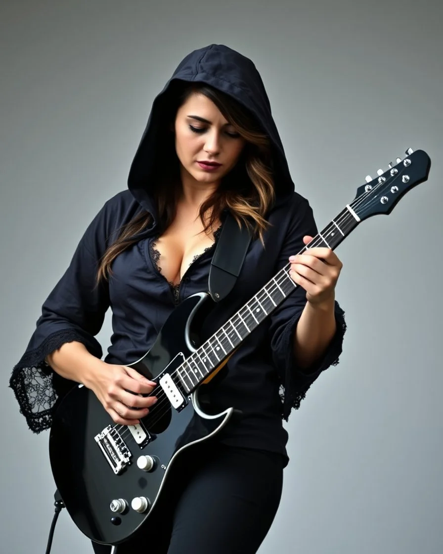 beautiful busty woman(wearing a wrinkled dark hoodie with wide sleeves trimmed with lace) playing a black electric guitar at high angle