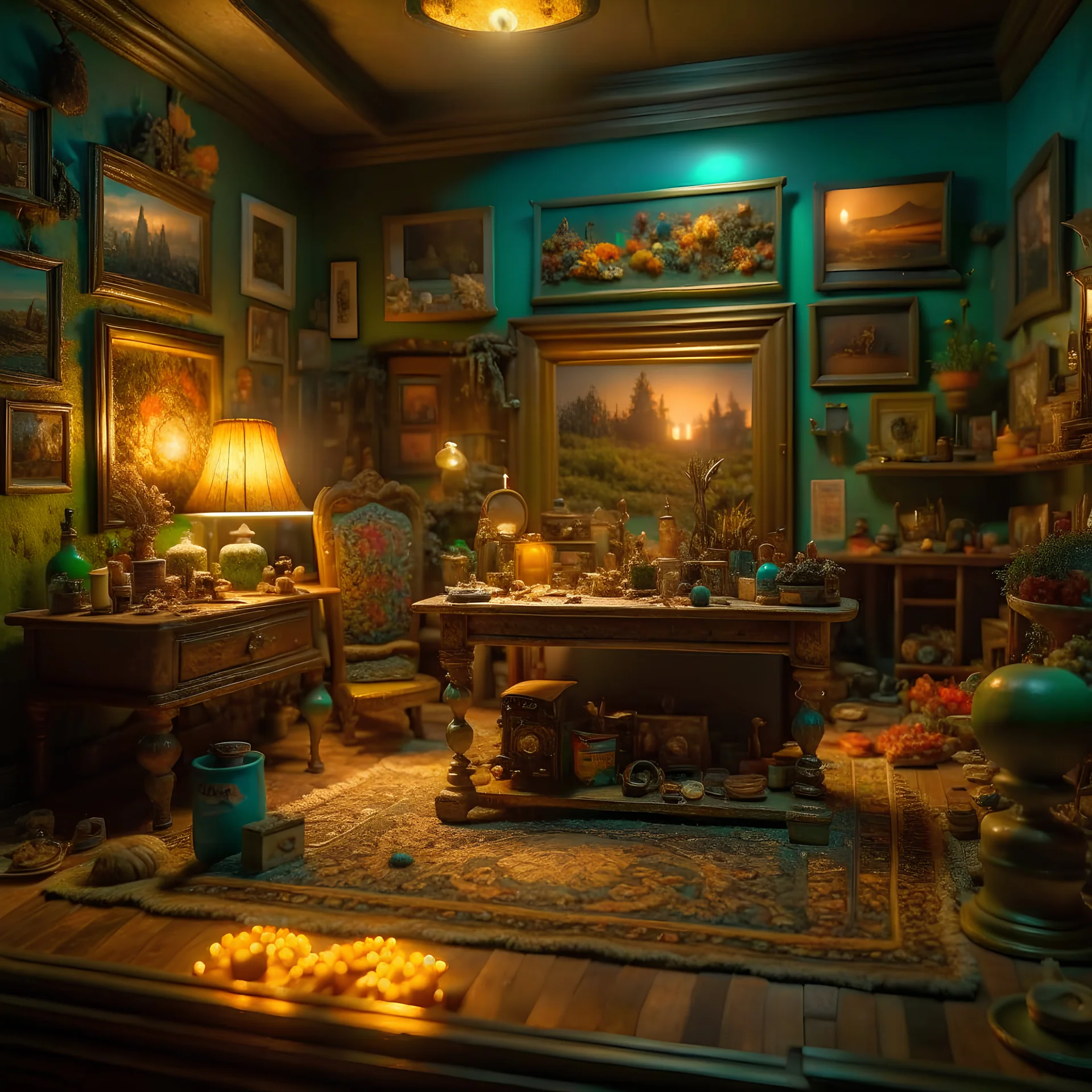 Diorama of old stuff in a room, sharp focus, 8k, 3d, very detailed, volumetric light, grim, fine art, very colorful, ornate, 35mm, F/2.8, insanely detailed and intricate, hypermaximalist, super detailed, decadent