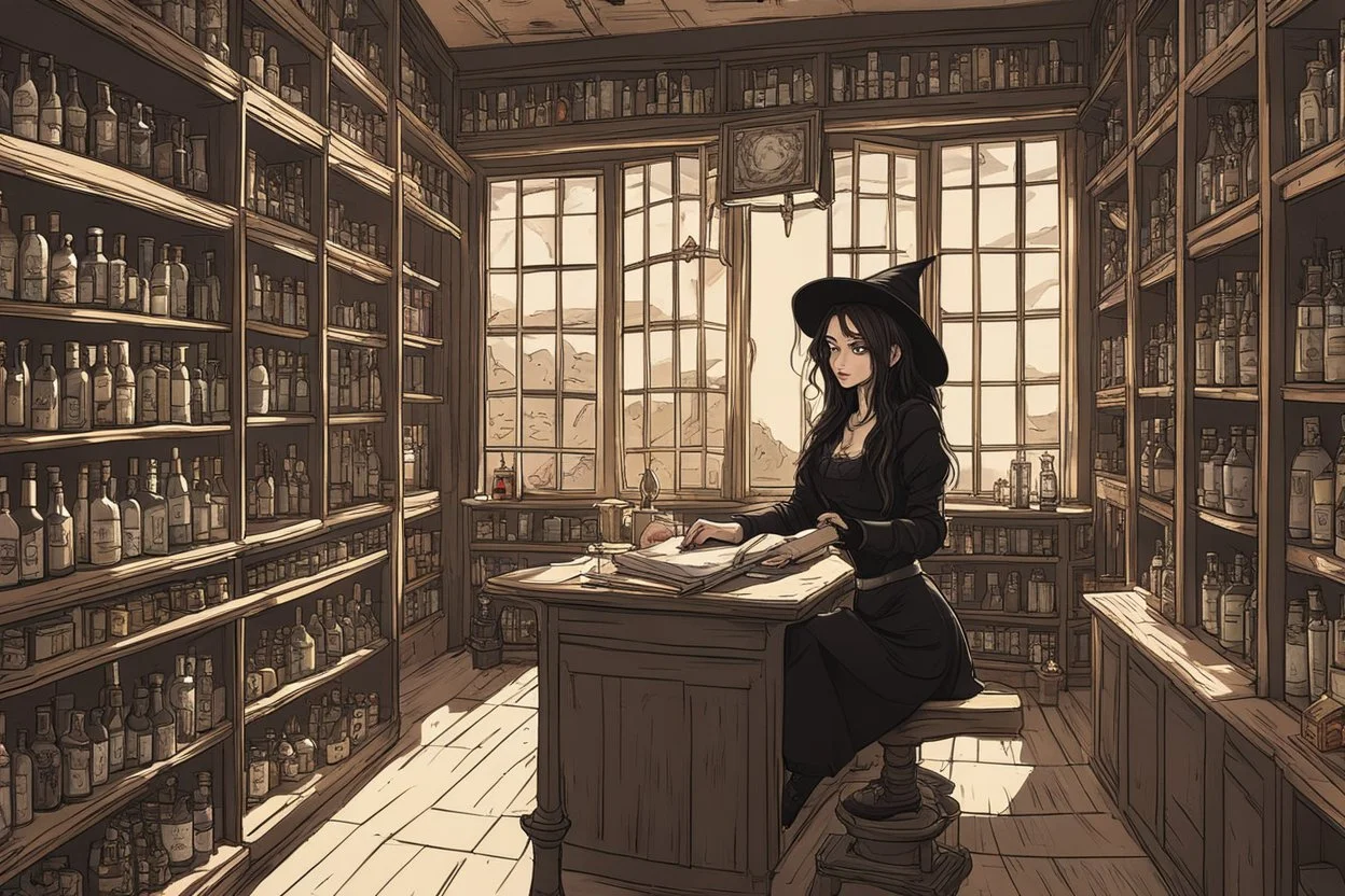 full-height shot of a young witch in a tight black short skirt, inside a large magic shop, sitting at a desk, shelving, bottles, windows